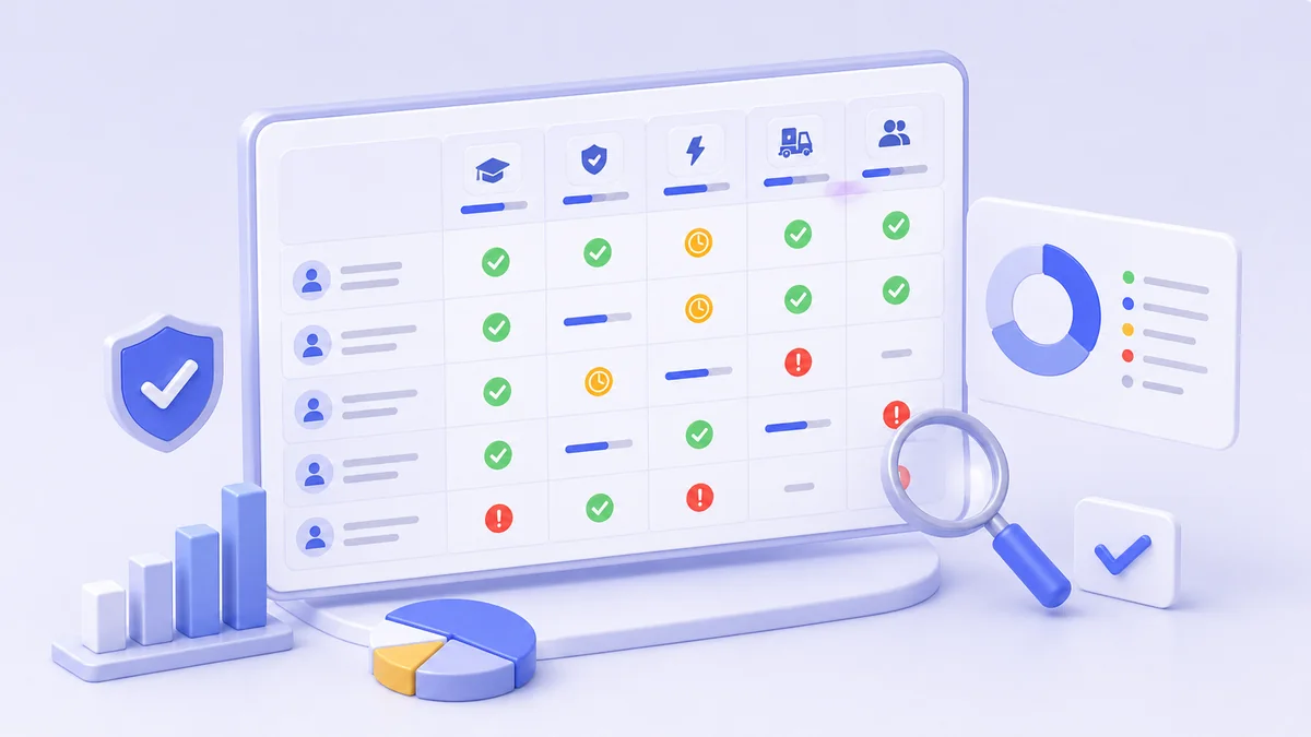 Матрица обучения сотрудников с фильтрами, статусами и прогрессом
